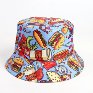 Detailed view of sky blue bucket hat featuring colorful fast food prints and fine stitching