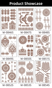Detailed catalog of brown henna mandala waterproof temporary tattoo stickers in nine styles