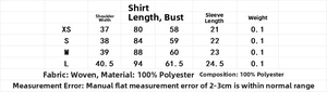 Detailed size chart for lace short sleeve polo shirt with specific garment measurements