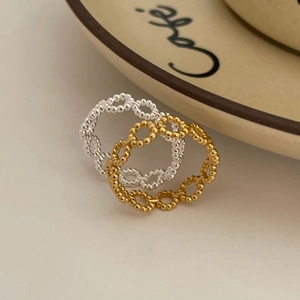Minimalist 925 Sterling Silver Ring Hollow Interlocking Circles Beaded Texture Dainty Geometric Jewelry For Women