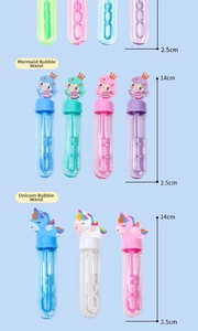 Detail showing 14cm mini bubble wands in mermaid and unicorn shapes in pastel colors