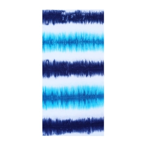 Detail shot of micro-fiber square beach towel featuring blue tie-dye stripe patterns