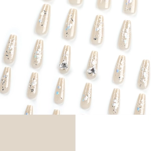 Sparkling long coffin press-on nails with silver glitter, holographic foil and 3D heart rhinestones