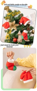 Mini plush Christmas hat and stocking ornaments used for festive tree decoration