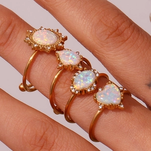 Adjustable gold-plated stainless steel opal ring set with teardrop and heart stones
