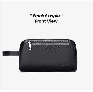 Close-up of black lychee grain leather clutch with silver metal zipper and brand logo