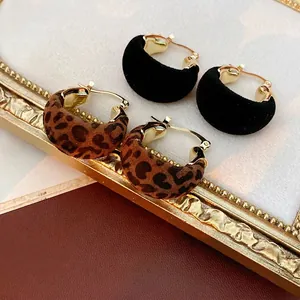 Retro Leopard Print Flocking Hoop Earrings With Silver Earring Post Alloy Vintage Minimalist Jewelry For Women
