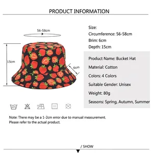 Chapeau bob réversible en coton à motif fraises avec dimensions détaillées pour femme
