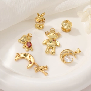 Cute Moon Teddy Bear Rabbit Carousel DIY Pendants Charms 14K Gold Plated Copper Zircon For Jewelry Making Women Girls