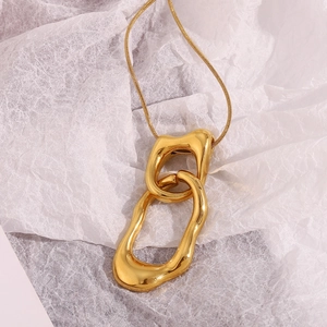Detail of 18K gold plated interlocking irregular oval rings on a fine snake chain necklace