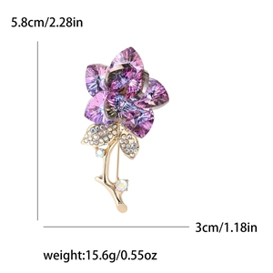 Elegant purple crystal rose brooch with gold stem and product size specifications