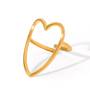 Adjustable gold stainless steel open ring featuring a large hollow heart design