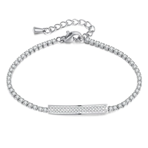Elegant silver stainless steel tennis bracelet featuring micro-paved rhinestones on white background