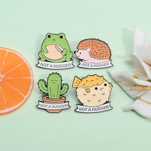 Cartoon cactus frog hedgehog puffer enamel pins set with NOT A HUGGER banner