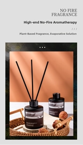 Detail of 120ml black matte reed diffuser set in a rustic basket with warm lighting