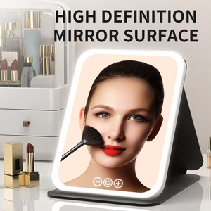 LED Makeup Mirror With Three Color Lights Portable Foldable Rechargeable Touch Screen Vanity Mirror For Desktop Travel