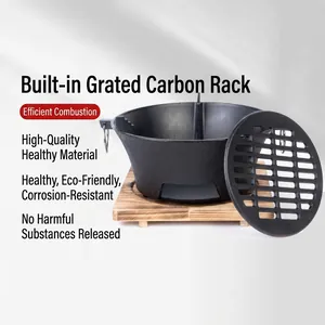 Portable cast iron charcoal stove with mesh grill and wooden base for camping and BBQ