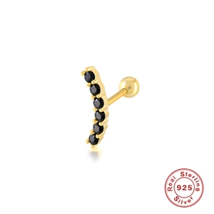 Gold 925 sterling silver curved stud earring with six black round inlaid zircon stones