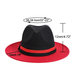 British style black and red wool fedora hat with a wide brim and side dimensions