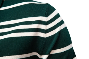 Close-up of high-quality green and white striped knit sweater shoulder stitching detail