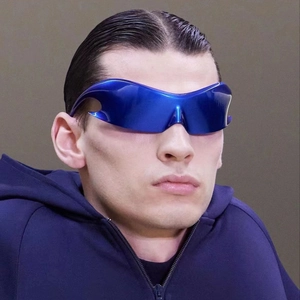 Y2K futuristic blue wrap around sunglasses with stylish cyberpunk metallic finish