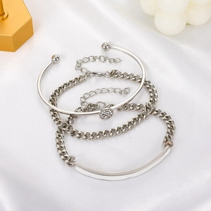 Punk geometric silver bracelet 3-piece set with cuban link and zircon circle bangle