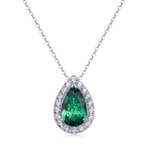 Pear cut emerald green gemstone necklace in S925 sterling silver with halo diamonds