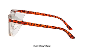 Side view of tortoise shell safety glasses with transparent side shields for eye protection