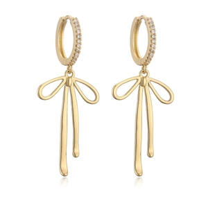 Elegant gold-plated brass bow earrings with sparkling crystals and metal fringe tassels