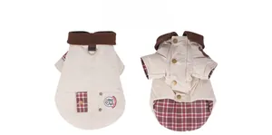 Detail of warm dog vest with red plaid lining and badge for pet autumn winter fashion