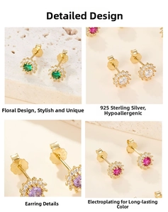 Close-up of 925 sterling silver sunflower earrings with sparkling colorful zircon stones