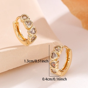 Golden heart-shaped zircon hoop earrings with 1.3cm height and 0.4cm width dimensions