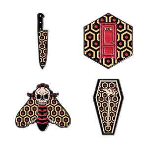 Gothic punk alloy pins set featuring dagger, coffin, moth, and Room 237 door designs