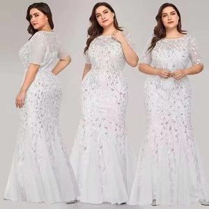 Sequined Evening Dress Women Leaf Pattern Mesh Mermaid Gown Short Sleeve Slim Fit Formal Party Banquet Wedding Prom