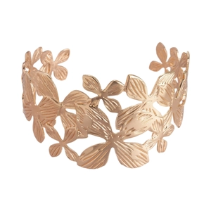 Minimalist stainless steel cuff bracelet with hollow floral pattern in rose gold finish