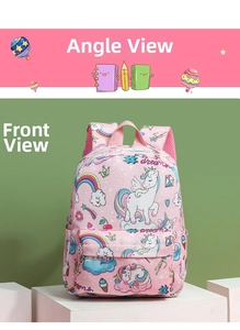 Vista frontale dello zaino rosa per bambini con stampe unicorno e spallacci