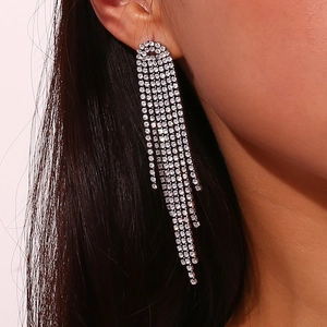 Close-up of elegant silver long tassel earrings with white zircon on a model