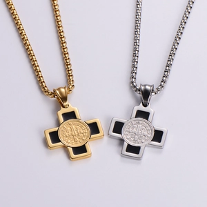 Gold and silver stainless steel cross necklaces with Saint Benedict Medal pendant inlay