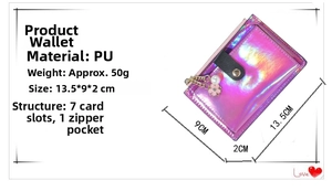Detail view of iridescent wallet with dimensions 13.5x9x2cm and floral charm pendant