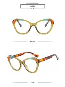 Front and side view of cat-eye sunglasses with transparent green frames and tortoise temples