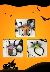 Detailed view of Halloween witch leg headbands in orange, purple and green colors