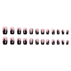 Matte black flame press-on nails with rhinestones on pink base, square shape set