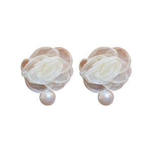 Elegant lace flower earrings with white faux pearl drop for women in minimalist style