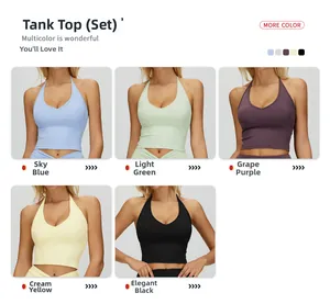 Halter neck sports bras in five colors including blue, green, purple, yellow, and black