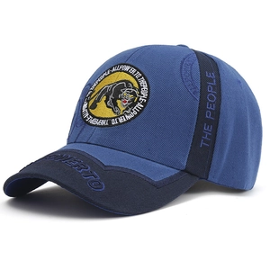 Navy blue sun protection baseball cap with leopard patch and embroidered lettering
