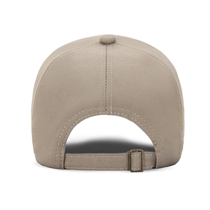 Rear view of khaki cotton baseball cap with adjustable vintage bronze buckle