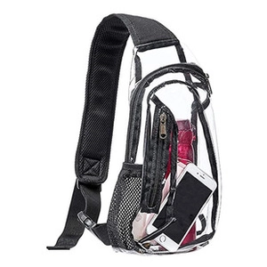 Macro shot of clear PVC crossbody bag with black trim and adjustable shoulder strap