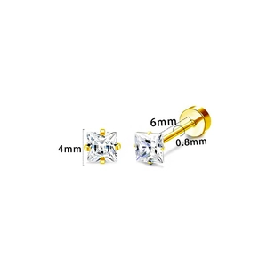 Detailed view of 4mm square zircon stud earrings with 6mm pin length and 0.8mm thickness