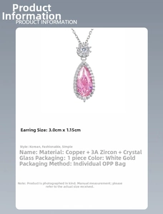 Detailed size specifications for a pink pear-shaped pendant necklace with cubic zirconia