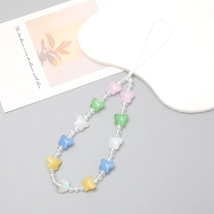 Detail of beaded phone lanyard featuring colorful crystal butterflies and clear beads